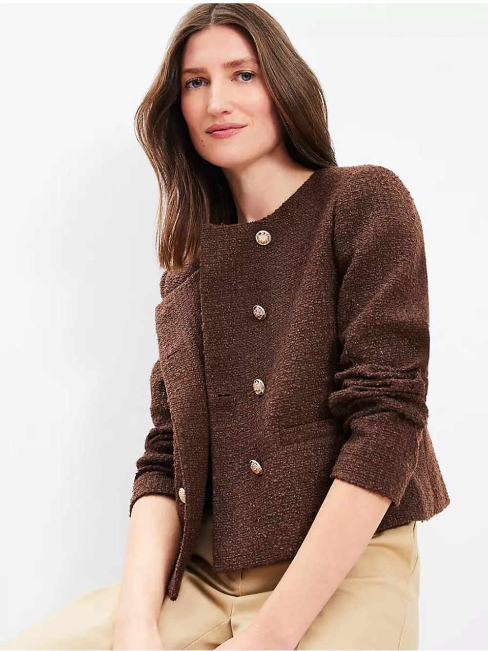 LOFT Brown Double-Breasted Bouclé Blazer Lady Jacket Gold Buttons M